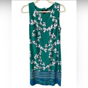 Chaps Teal Floral Sleeveless Midi Dress with Blue Border